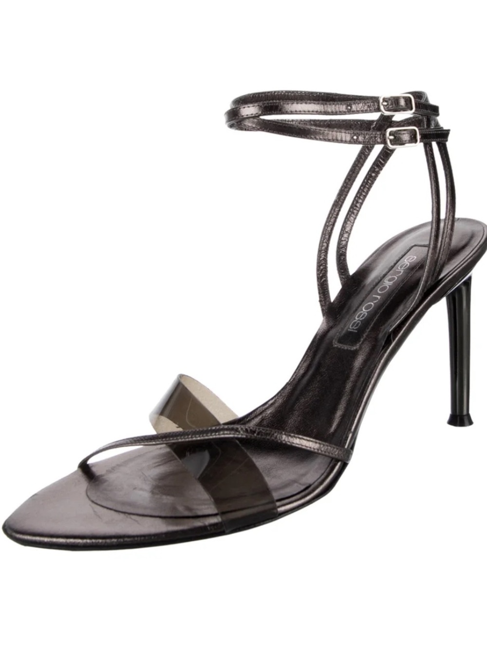 Sergio Rossi Metallic Charcoal Strappy Ankle‑Wrap Stiletto